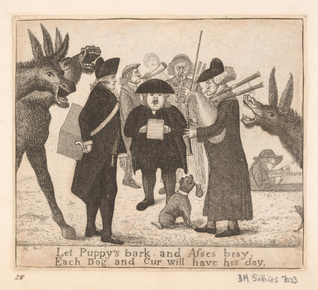 Paper with a drawing of distressed people and animals, featuring the text "Let Puppy's Bark and Ases Bray, Each Dog and Cur, Will Have His Day."