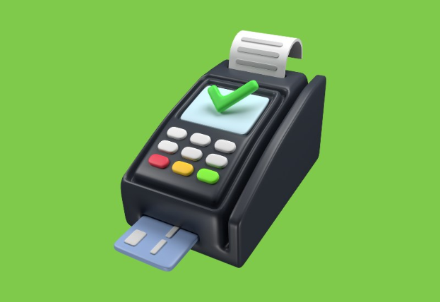 Ein grünes Kreditkarten-Lesegerät mit einem grünen Haken, der darauf hinweist, dass es ein POS-Terminal ist.