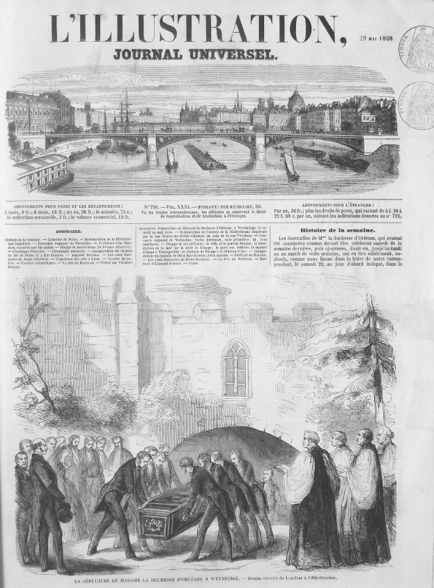 Schwarze und weiße Zeitungsillustration, die eine Gruppe von Menschen um einen offenen Sarg in einer Außenanlage mit Bäumen, Gebäuden, einer Brücke und Wasser im Hintergrund zeigt, begleitet von Text.