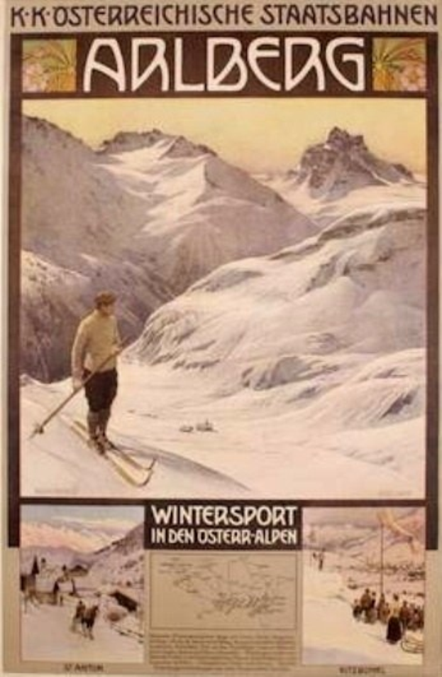 Plakat für einen Wintersport in den österreichischen Alpen, das einen Skifahrer umgeben von Bildern von Menschen und Bergen mit Text zeigt.