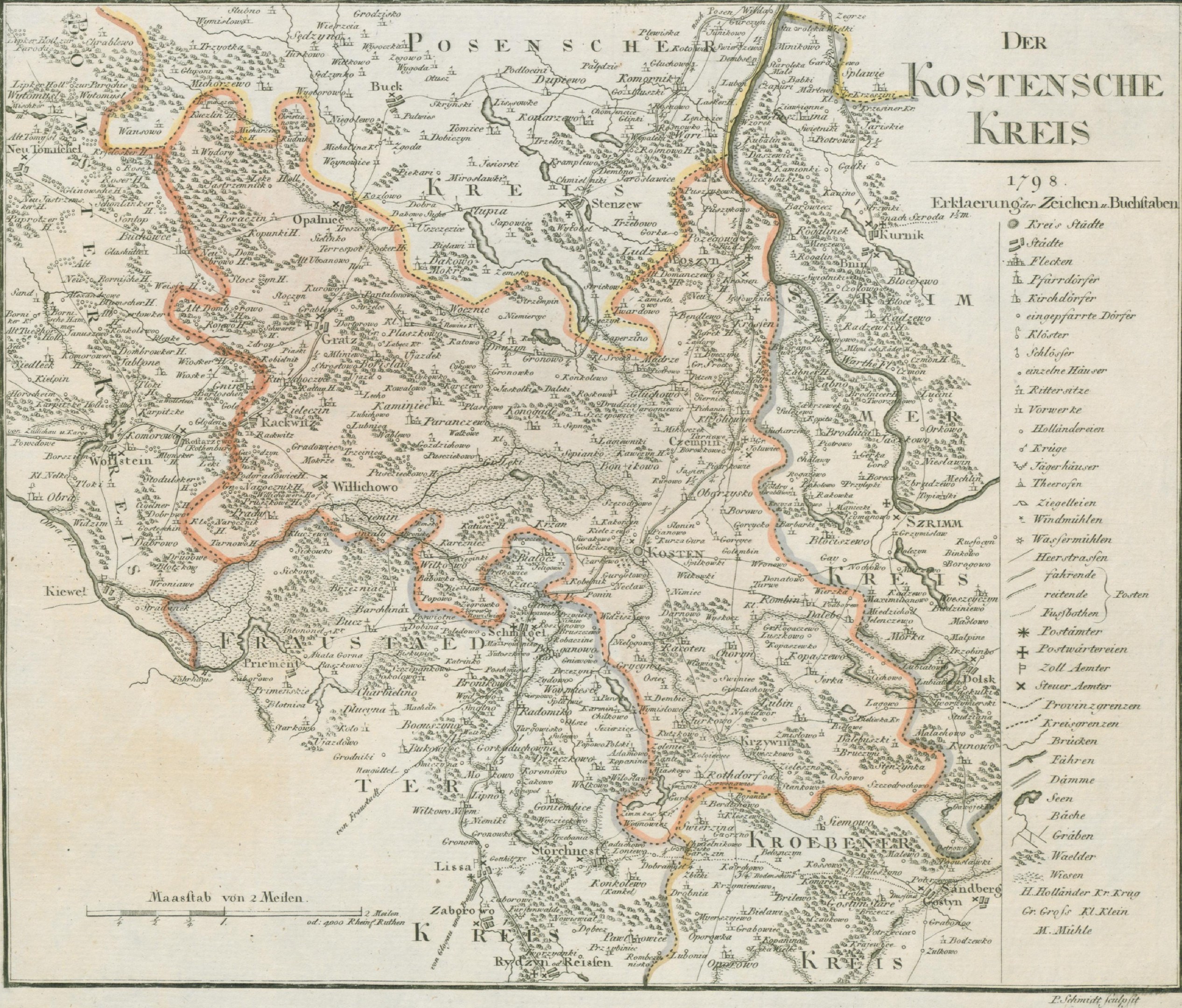 Old detailed map of the Kostensche Kreis region in Germany, displaying geographical features like rivers, mountains, and cities, with accompanying text.