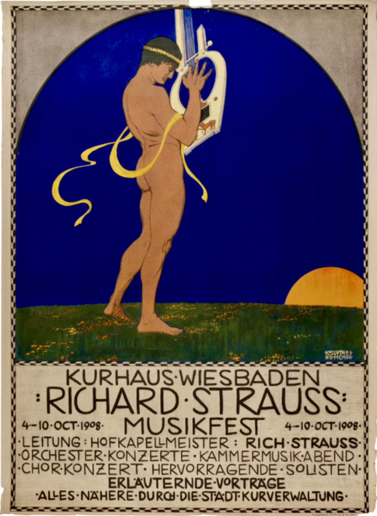 Ein Plakat für das Richard-Strauss-Musikfest, das einen Mann zeigt, der ein Musikinstrument spielt, mit Text, der Informationen zum Event enthält.