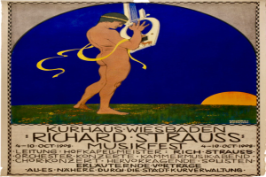 Ein Plakat für das Richard-Strauss-Musikfest, das einen Mann zeigt, der ein Musikinstrument spielt, mit Text, der Informationen zum Event enthält.