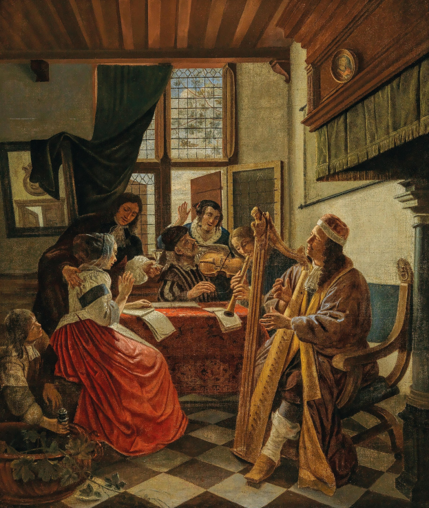 Painting titled "The Music Lesson" by Jan Brueghel the Elder showing people playing musical instruments in a room with a table, books, objects, a potted plant, windows with curtains, framed photos, and a pillar.