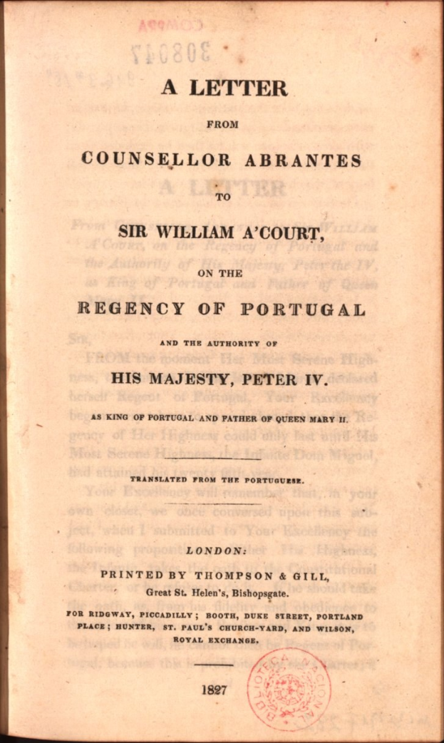 Open book displaying a letter from Counsellor Abrantes to Sir William A'Court, Regency of Portugal, with visible text and a stamp.