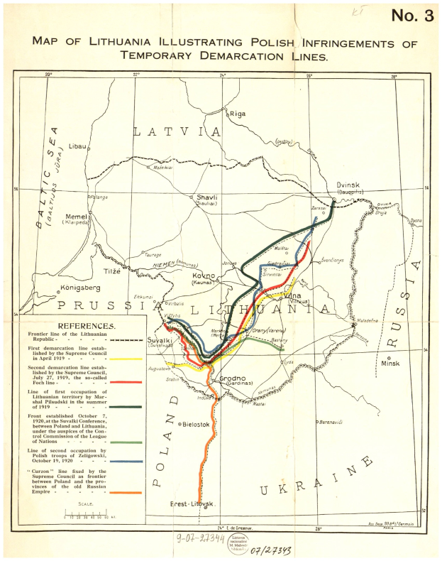 Detailierte Karte von Litauen mit markierten polnischen Überschreitungen der temporären Demarkationslinien, einschließlich geografischer Merkmale und beschrifteter Standorte.