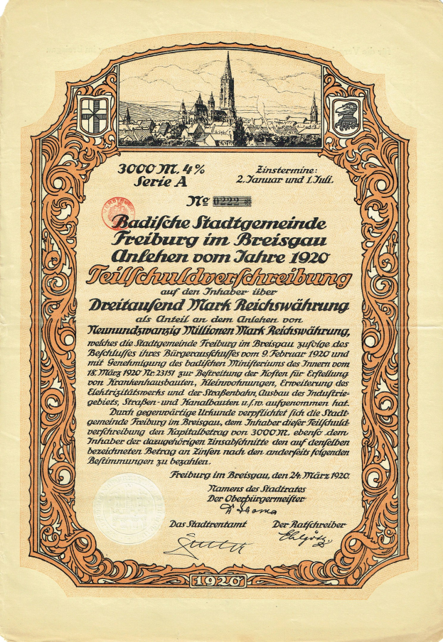 Altes deutsches Aktienzertifikat mit einer Stadtansicht und gedrucktem Text, der Aktien Details angibt.