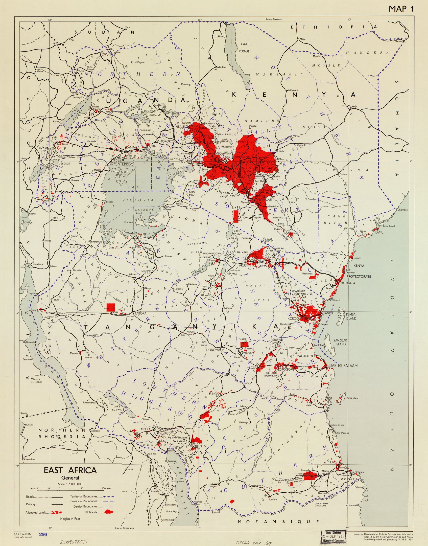 A poster map of East Africa with red dots marking conflict zones, accompanied by text detailing cities, rivers, and geographical features.
