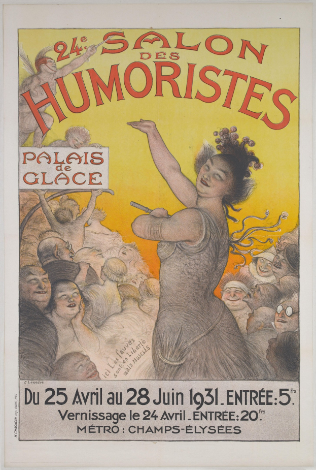 Poster for the Salon des Humoristes in Paris featuring a woman surrounded by a crowd, with text describing the event.