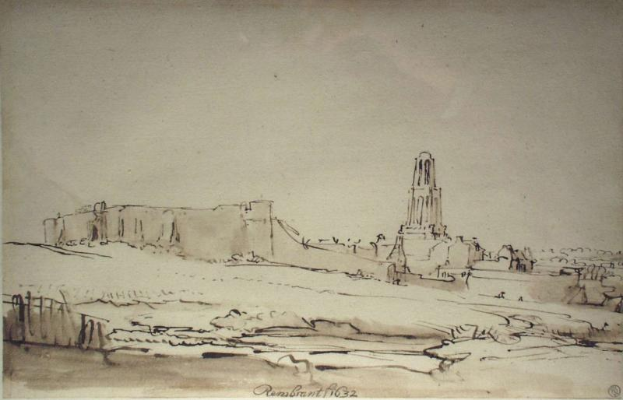 A drawing of a castle with a clock tower in the background, with a few people nearby, titled "The Tower of Babel" by Rembrandt Harmenszoon van Rijn.