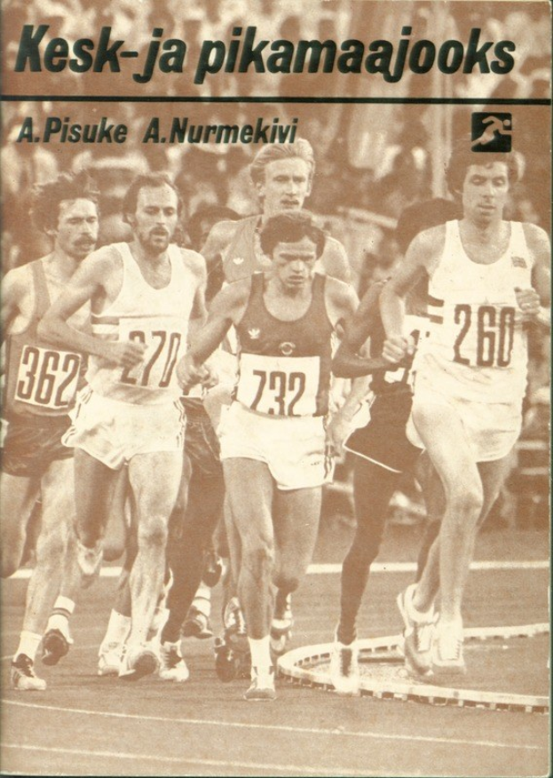 Book cover titled "Kesk-ja pikamaajooks" featuring a group of men running on a track in motion, wearing running shoes.