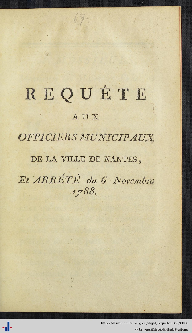 Cover of an old book titled "Requête aux officiers municipaux de la ville de Nantes et arrêté du 6 novembre 1788" on a black background.