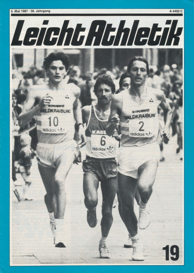 Titelbild des *Leichtathletik Magazins* aus März 1987, das Läufer bei einem Rennen zeigt, einige tragen Laufschuhe.