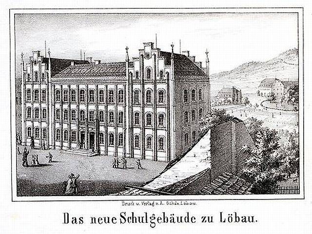 Black and white drawing of a large school building labeled "Schulgebäude zu Löbau - the new school of architecture" in a city setting with trees and people.