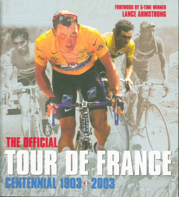 Offizielles Tour-de-France-Jubiläumsplakat (1903–2003) mit einer Gruppe von Radfahrern auf Fahrrädern und begleitendem Text.