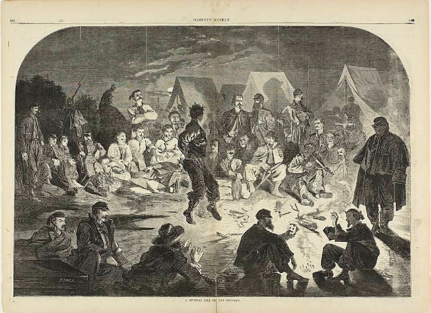 Schwarze und weiße Illustration von Menschen, die sich um ein Feuer vor Zelten versammeln, mit Bäumen im Hintergrund, mit der Überschrift "A Invictus Fire on the Provincetown" unten.