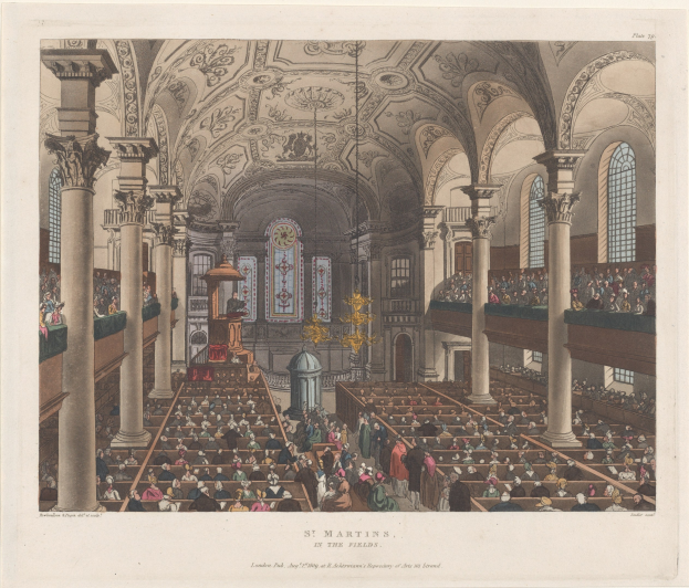 Gravur der St. Martins Kirche in London, die Menschen auf Bänken sitzend und stehende, mit Säulen, Fenstern, einem Kronleuchter und einem Dach zeigt.