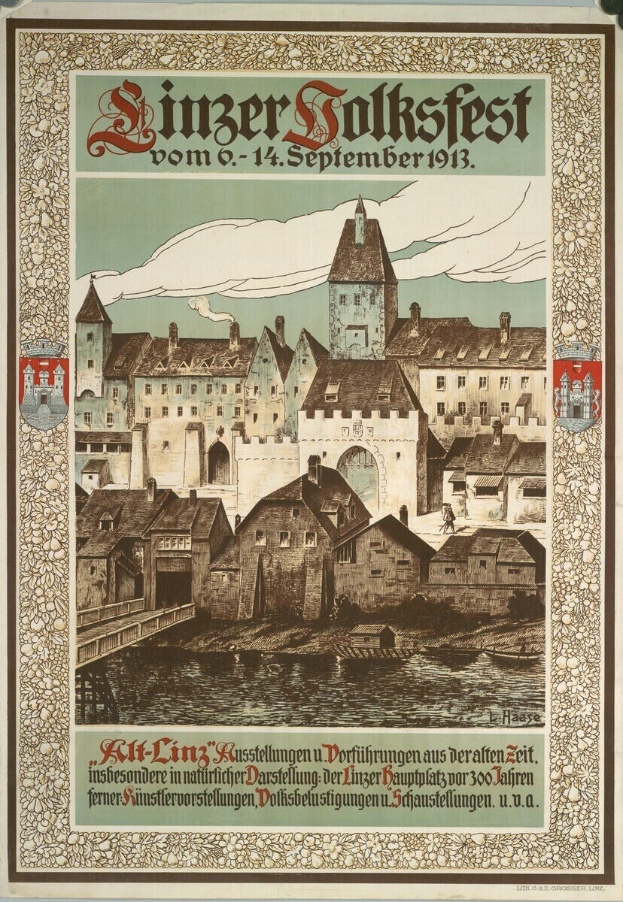 Old German festival poster with a castle and houses illustration, featuring text about the event.