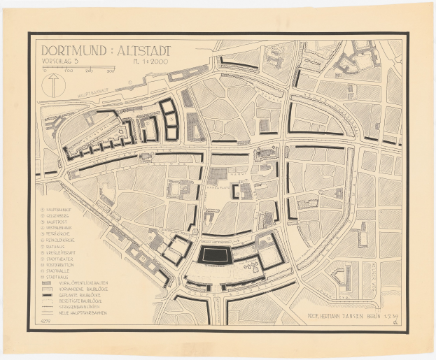 Ein detaillierter alter Stadtplan von Dortmund, Deutschland, auf einem weißen Hintergrund, der Straßen, Gebäude, Sehenswürdigkeiten und Text mit Informationen über die Stadt zeigt.
