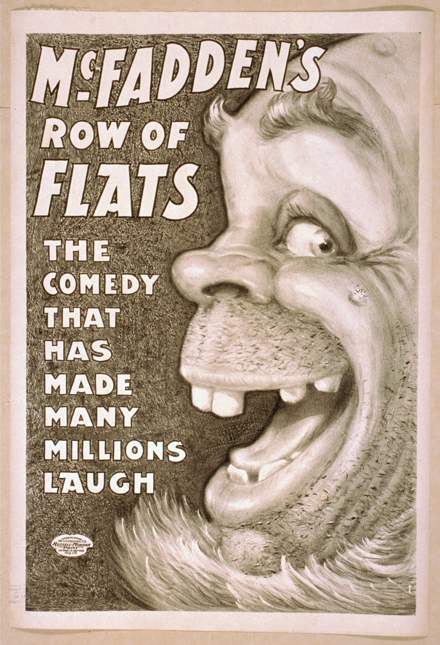 Poster of a laughing person with wild hair, wide eyes, and a toothy grin, set against a bright yellow background, with the text "McFadden's Row of Flats: The Comedy That Has Made Many Millions Laugh" across the image.