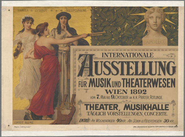 Plakat für die Internationale Ausstellung für Musik und Theaterwesen in Wien, Österreich, das eine Gruppe von Menschen in einem Kreis mit einer Frau, die ein Musikinstrument hält, und Text, der Event-Details bereitstellt, zeigt.