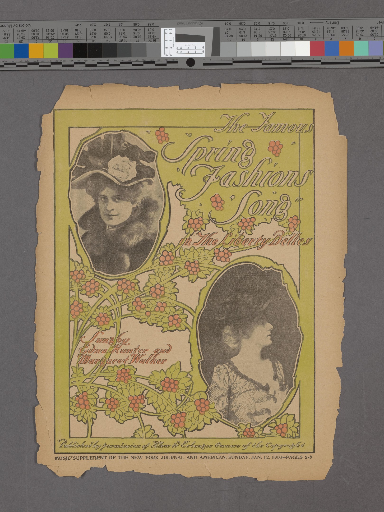 Paper with two women's fashion images, text titled "The Famous Spring Fashions Song," and color scales at the top.