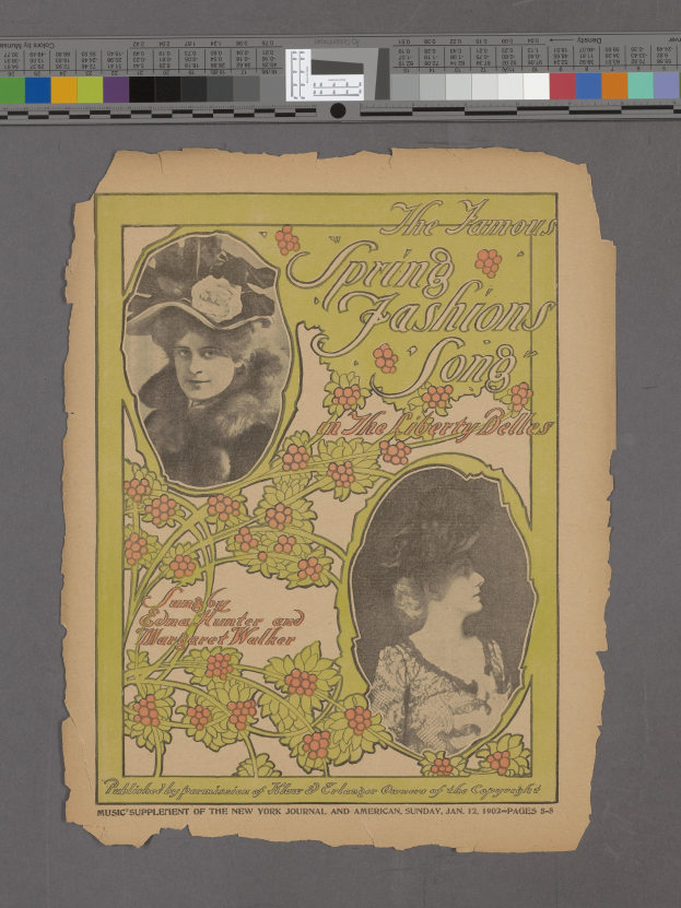 Paper with two women's fashion images, text titled "The Famous Spring Fashions Song," and color scales at the top.