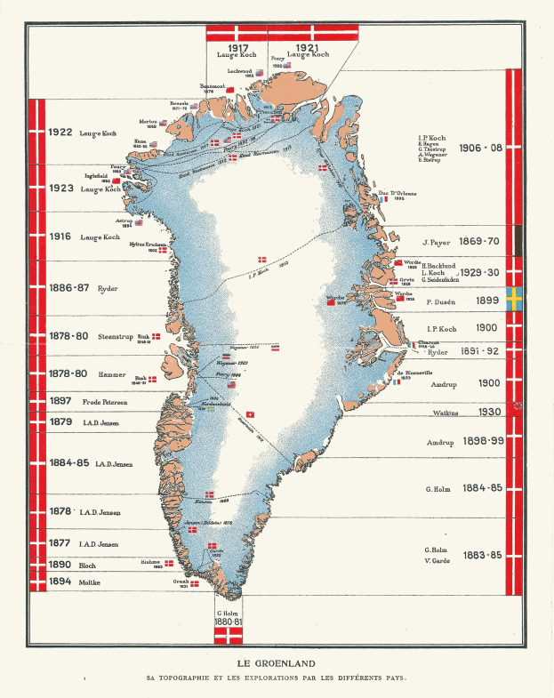 Eine Plakatkarte von Grönland, die das Ausmaß der arktischen Meereisausdehnung mit detailliertem Text und numerischen Daten zeigt.