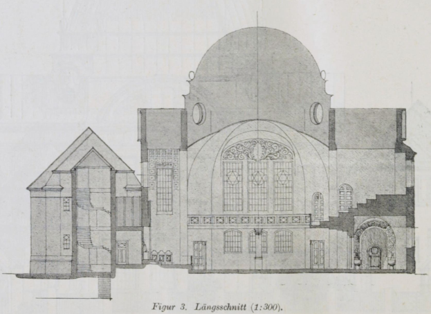 A detailed architectural drawing of the Church of the Holy Sepulchre in longitudinal section, featuring a prominent dome, on a paper with accompanying text.