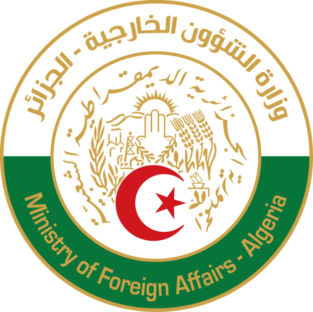Logo of the Ministry of Foreign Affairs of Algeria featuring a blue circle with a white crescent moon and star, a white dove with spread wings, and Arabic text in a bold font.