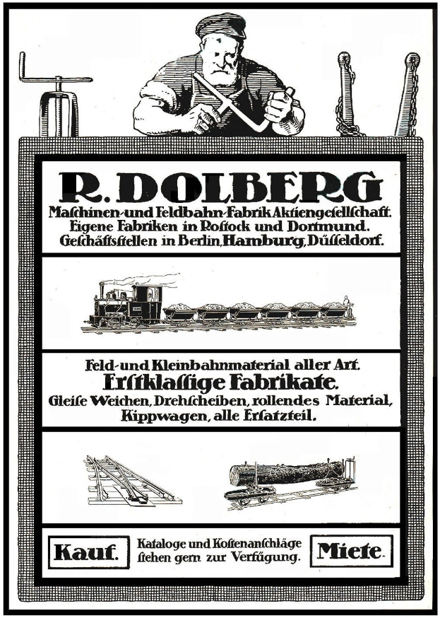 Werbeplakat für R.D. Dolbergs Fabrik in Hamburg, Deutschland, mit Text und Bildern einer Person, eines Zuges und weiterer Gegenstände.