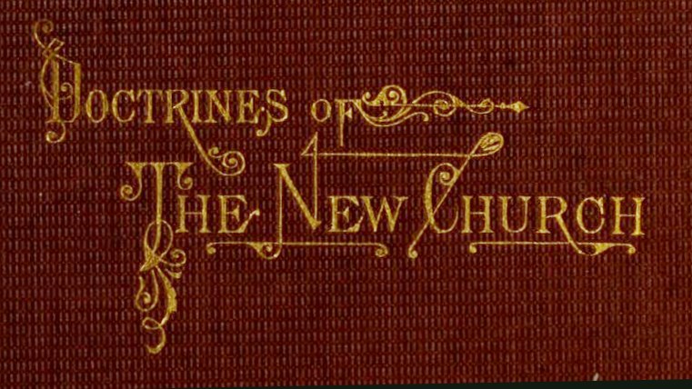 Open book titled "Doctrine of the New Church" with a black-suited man holding a book and pen, surrounded by a golden border.