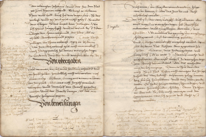 Ein altes Buch, das auf einer Seite mit handgeschriebenem Text offen ist, der als Geburts- und Taufregister aus Deutschland gilt.