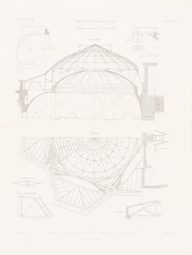 Original architectural drawing for the new Berlin church, featuring a domed structure with detailed plans and annotations on aged paper.