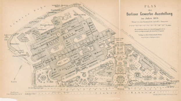 Detailed 1879 map of Berlin, Germany, showcasing the Berliner Gewerbe-Ausstellung with labeled streets, parks, landmarks, and buildings.