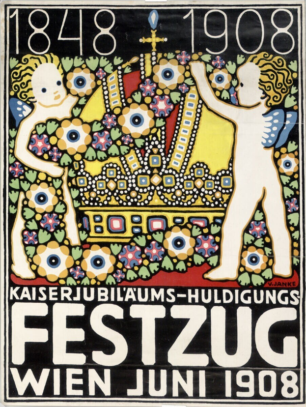 Plakat für ein Wiener Festival mit einem Gemälde von einem Jungen und einem Mädchen, die Arm in Arm stehen, und Text mit Festivaldetails.