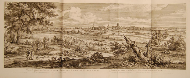 Ein aufgeschlagenes Buch mit dem Titel 'Ansicht der Schlacht von Castellum und Castellium aus der Illustrated London News' mit einer Landschaftsillustration mit Menschen, Bäumen, Pflanzen, Gebäuden und Wolken.