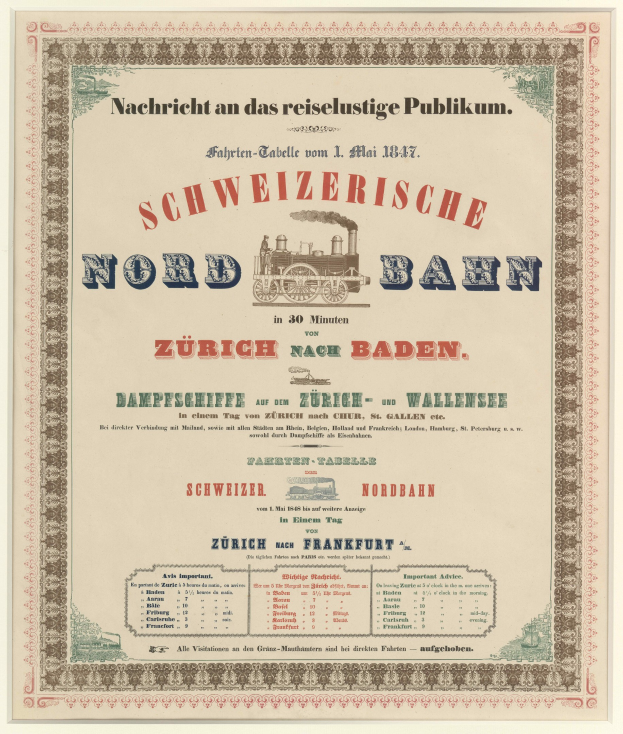 Plakat mit einem Zug in der Mitte auf einem hellgelben Hintergrund mit schwarz-weißem Schachbrettmuster, Text lautet "Schweizerische Nordbahn in Baden, Germany" in fetter schwarzer Schrift mit einem dekorativen Rahmen.