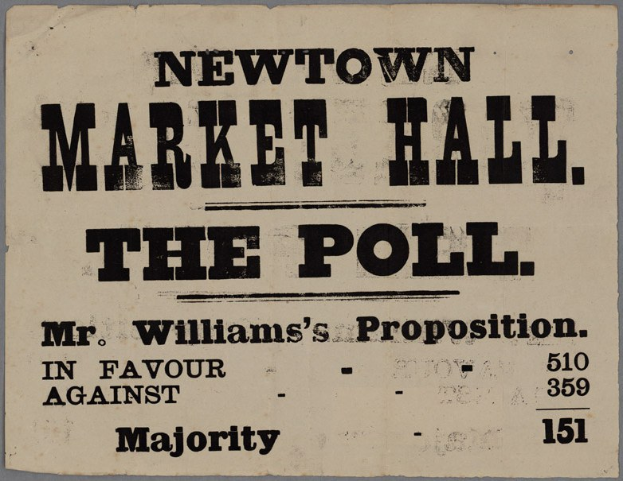 Dokument mit handgeschriebener Text: "Newtown Market Hall, die Wahl, Mr. Williams' Proposition für die Mehrheit gegen"