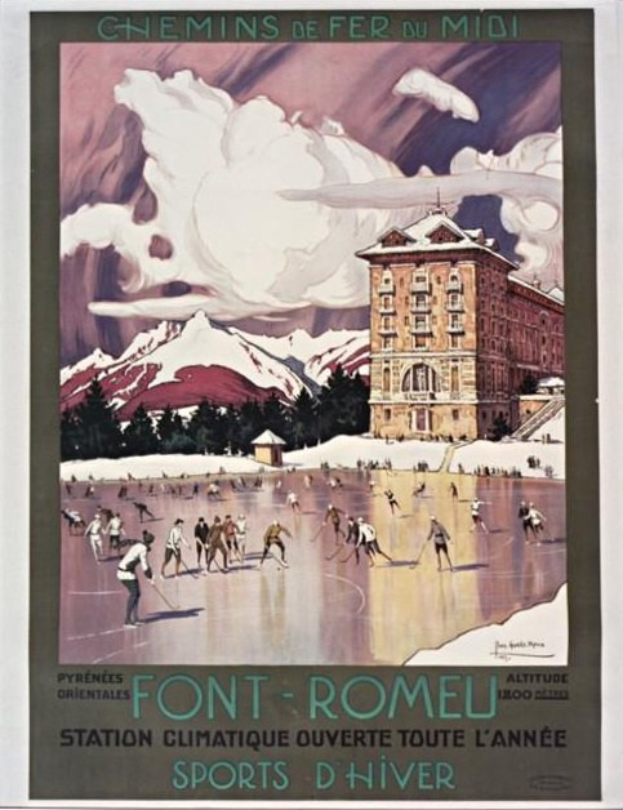 Plakat, das einen Skigebiet in den französischen Alpen bewirbt, zeigt Menschen, die vor einem Gebäude mit Bäumen und Bergen Schlittschuhlaufen, und Text.