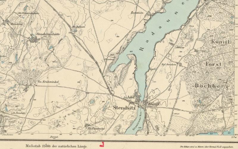 Detailed old map of Stendsitz, Germany, showing streets, buildings, landmarks, and a river, with text including population, density, and location information.