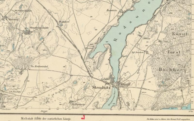 Detailed old map of Stendsitz, Germany, showing streets, buildings, landmarks, and a river, with text including population, density, and location information.