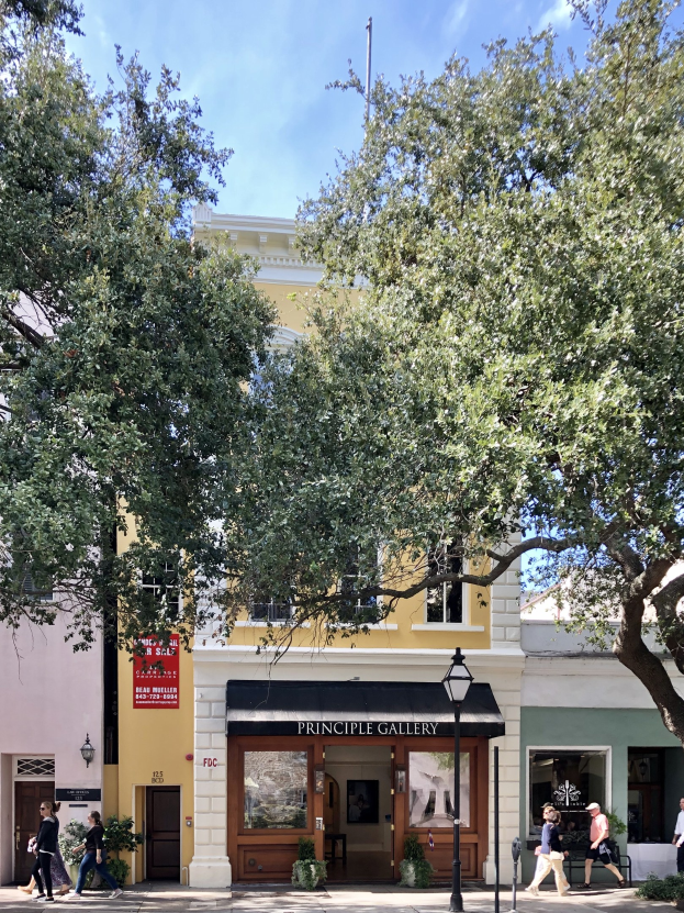 Gruppe von Menschen, die eine Fußgängerzone vor der Principle Gallery in Charleston, SC, entlanggehen, mit Topfpflanzen, einer Straßenlaterne, einem Schild, einer Fahne, einem Fahnenmast und einem bewölkten Himmel.