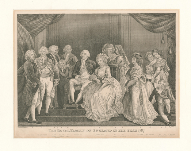 A painting of the British royal family in 1787, arranged on stairs with curtains in the background and text at the bottom.