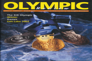 Ein Buch mit dem Titel "Olympic Review Magazine" und mehreren Medaillen in verschiedenen Größen und Farben sowie fetter Schrift auf dem Cover.