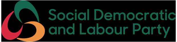 White background with centered bold black text reading "social democratic and labour party" enclosed in a thin black border, set in a modern professional font.