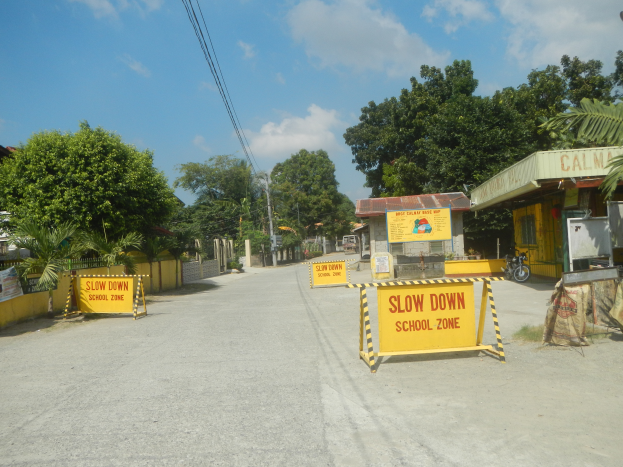 Eine Straße mit einem gelben "Slow Down School Zone"-Schild, geparkte Fahrzeuge auf der rechten Seite und Bäume, Gebäude, Pfosten, Drähte und den Himmel im Hintergrund.