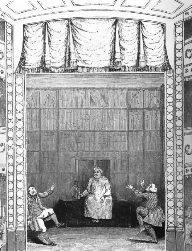 Eine Schwarz-Weiß-Zeichnung eines Mannes in einem Kostüm, der auf einem Stuhl zwischen zwei stehenden Personen sitzt, mit einer Wand und einem Vorhang im Hintergrund und Text unten.