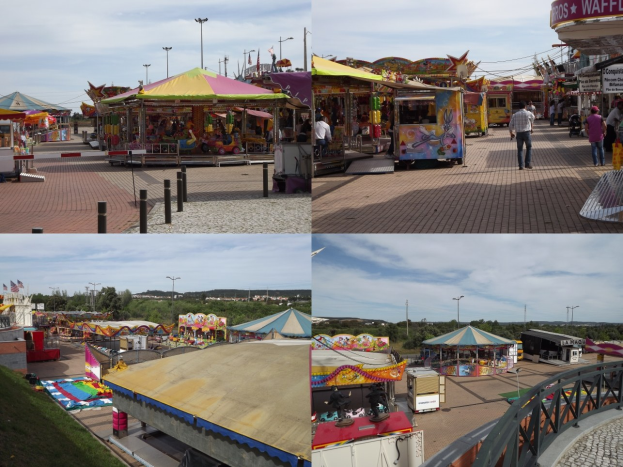 Eine lebendige Karnevalszene mit Fahrgeschäften, Buden, Menschen, Pfählen, Lichtern, Bäumen und einem bewölkten Himmel mit einem Wasserzeichen.