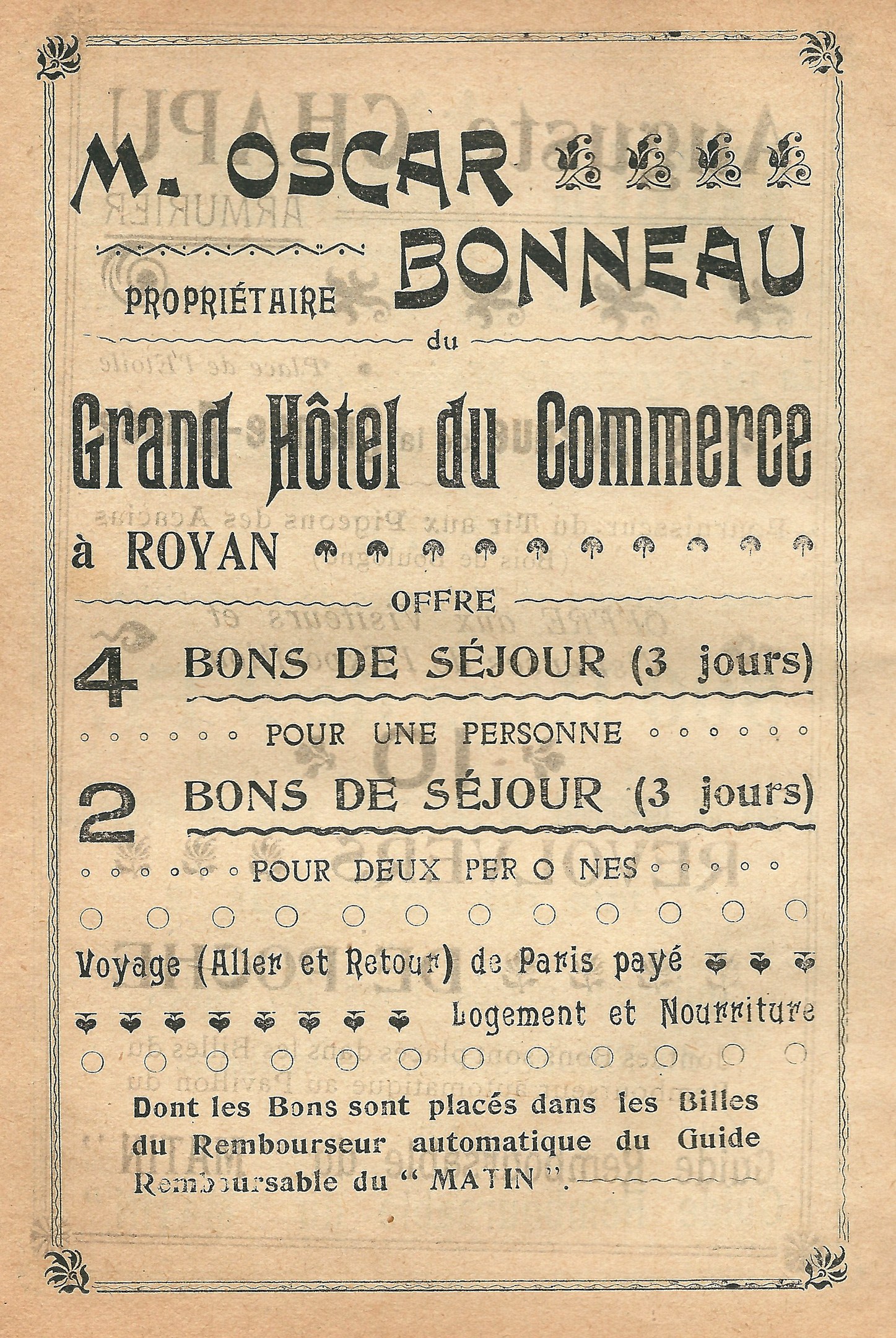 Alte Werbung für das Grand Hotel du Commerce in Paris, Frankreich, auf altem Papier mit Text, der die Dienstleistungen des Hotels bewirbt.